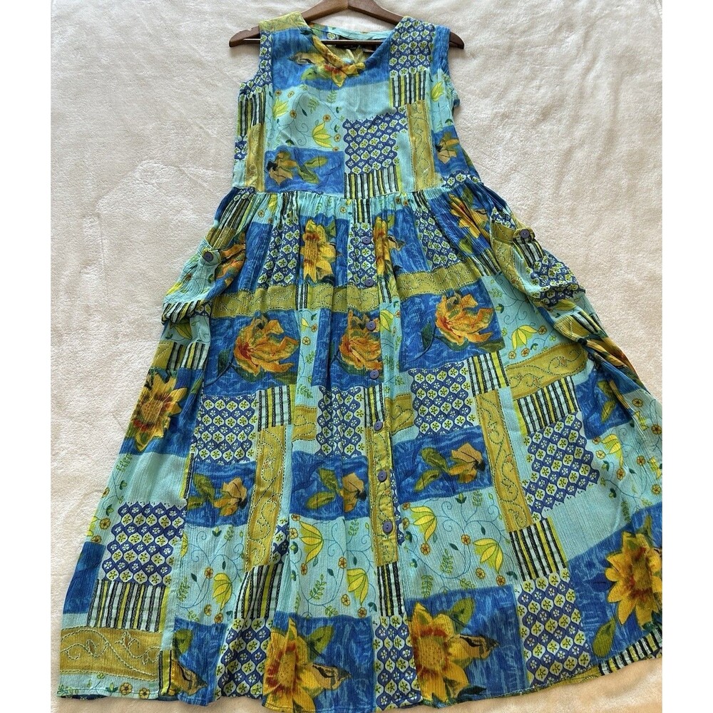 Bila Maxi Dress Women M Boho Patchwork Floral Tropical Flowy Crinkle Festival 90 - Picture 2 of 10